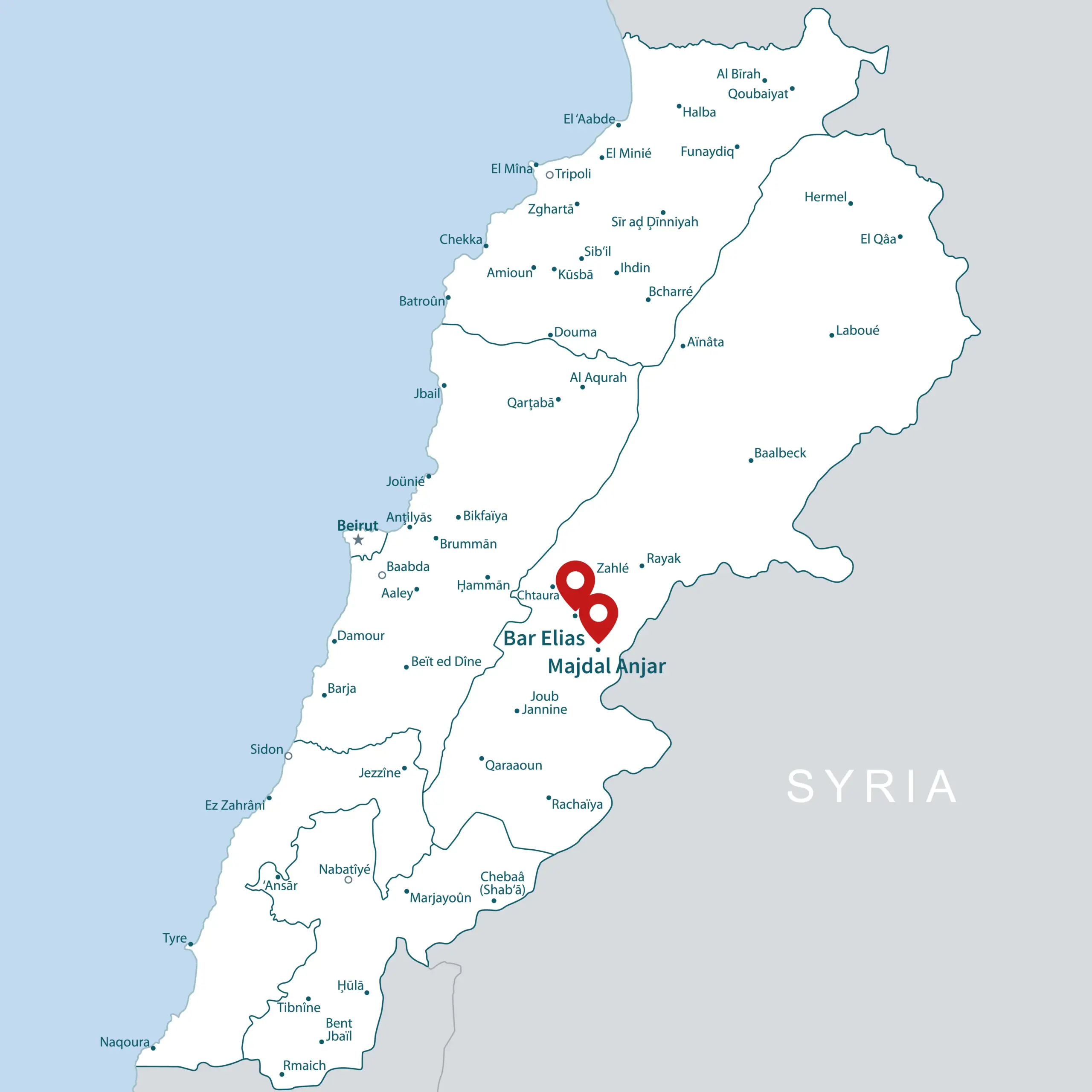 Map of Lebanon showing the ReBUILD study sites