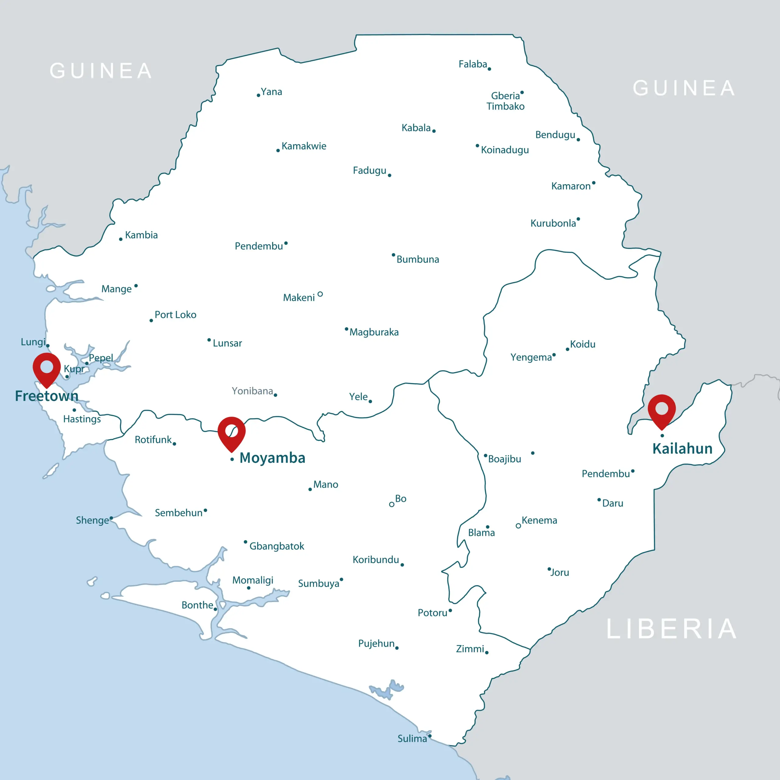 Map of Sierra Leone showing the ReBUILD study sites