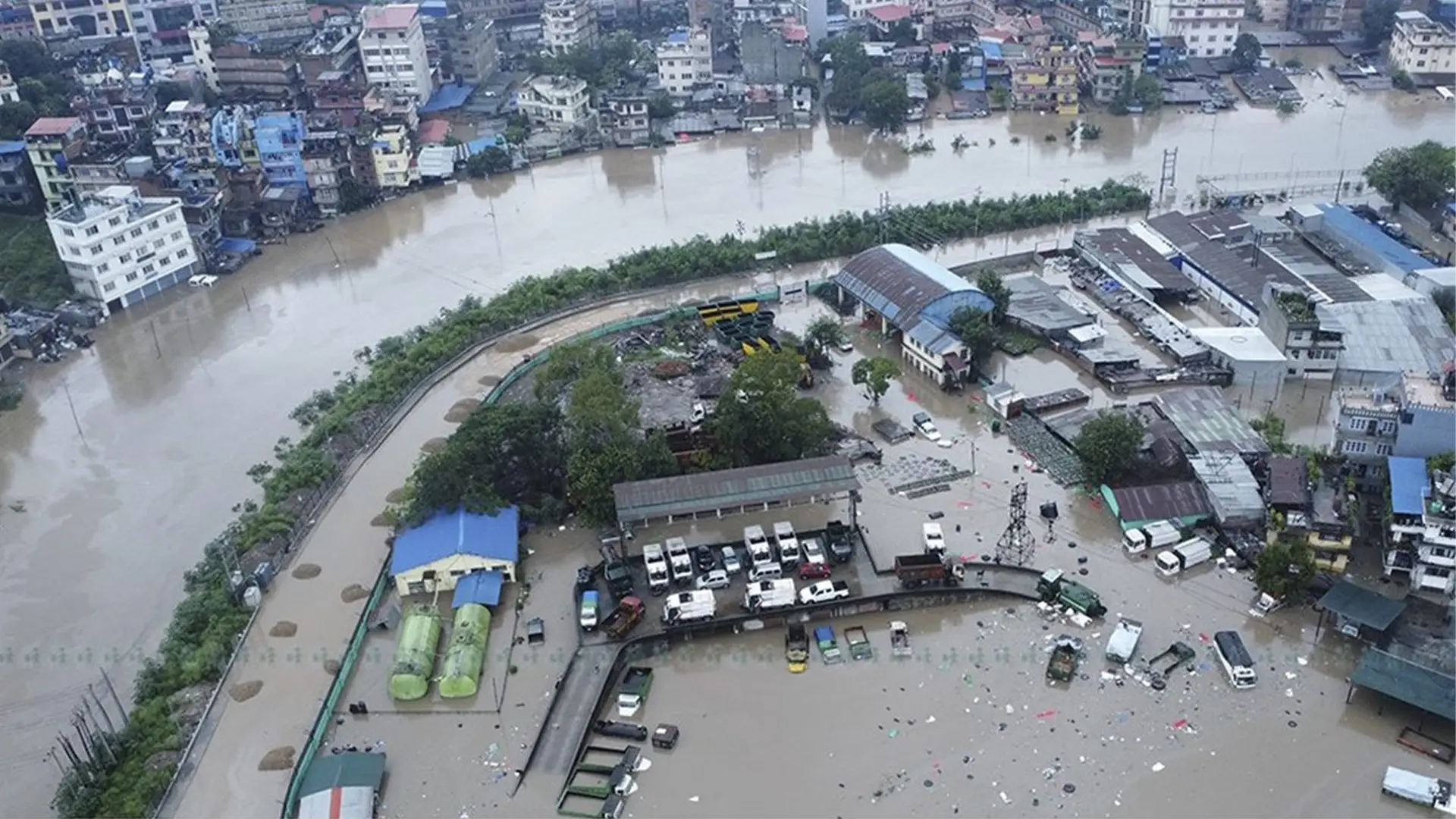 2024 flood in Kathmandu, Nepal. A river has burst its banks in a city which is now under brown water. Courtesy Setopati News, 2024