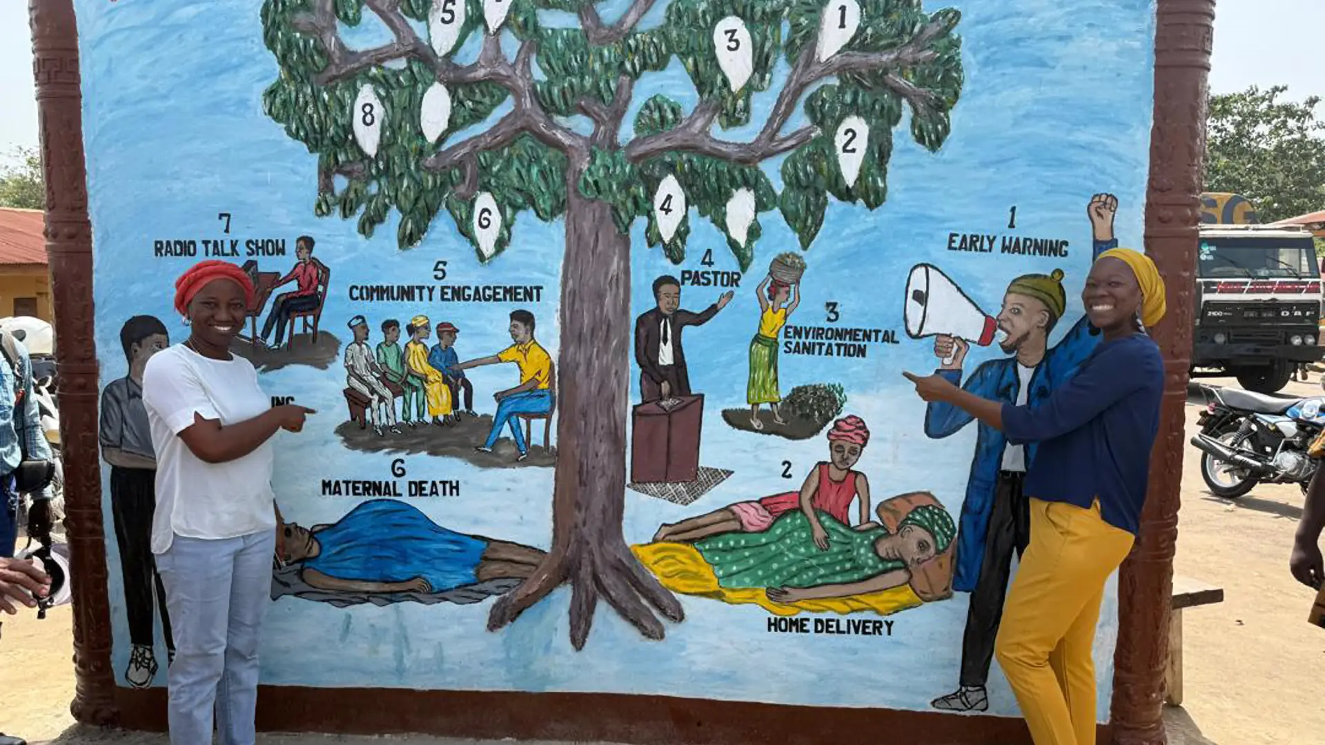 a large mural of a tree showing community action. Two members of the IfD are standing next to it