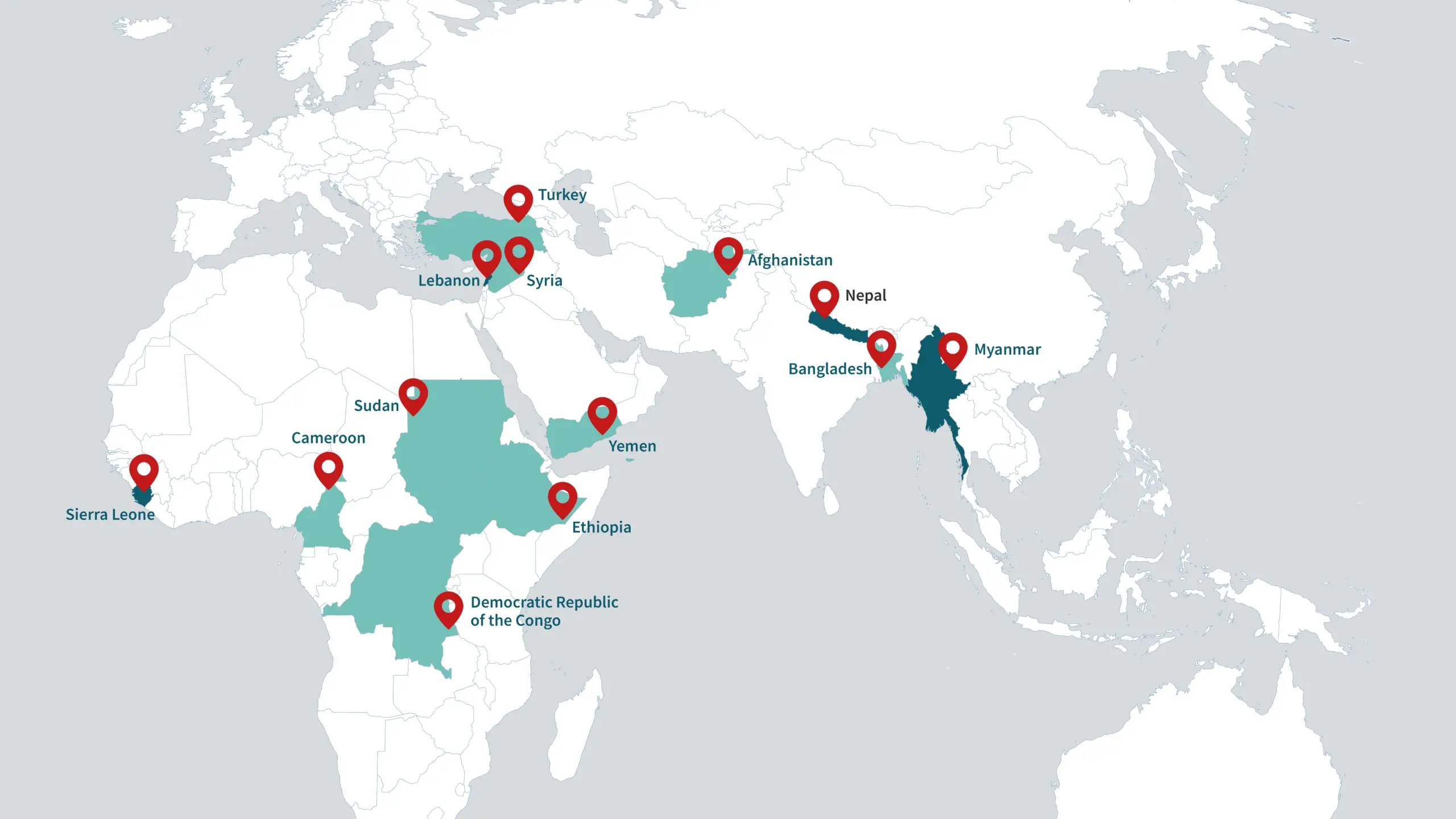 A map of the world showing the countries where ReBUILD has worked