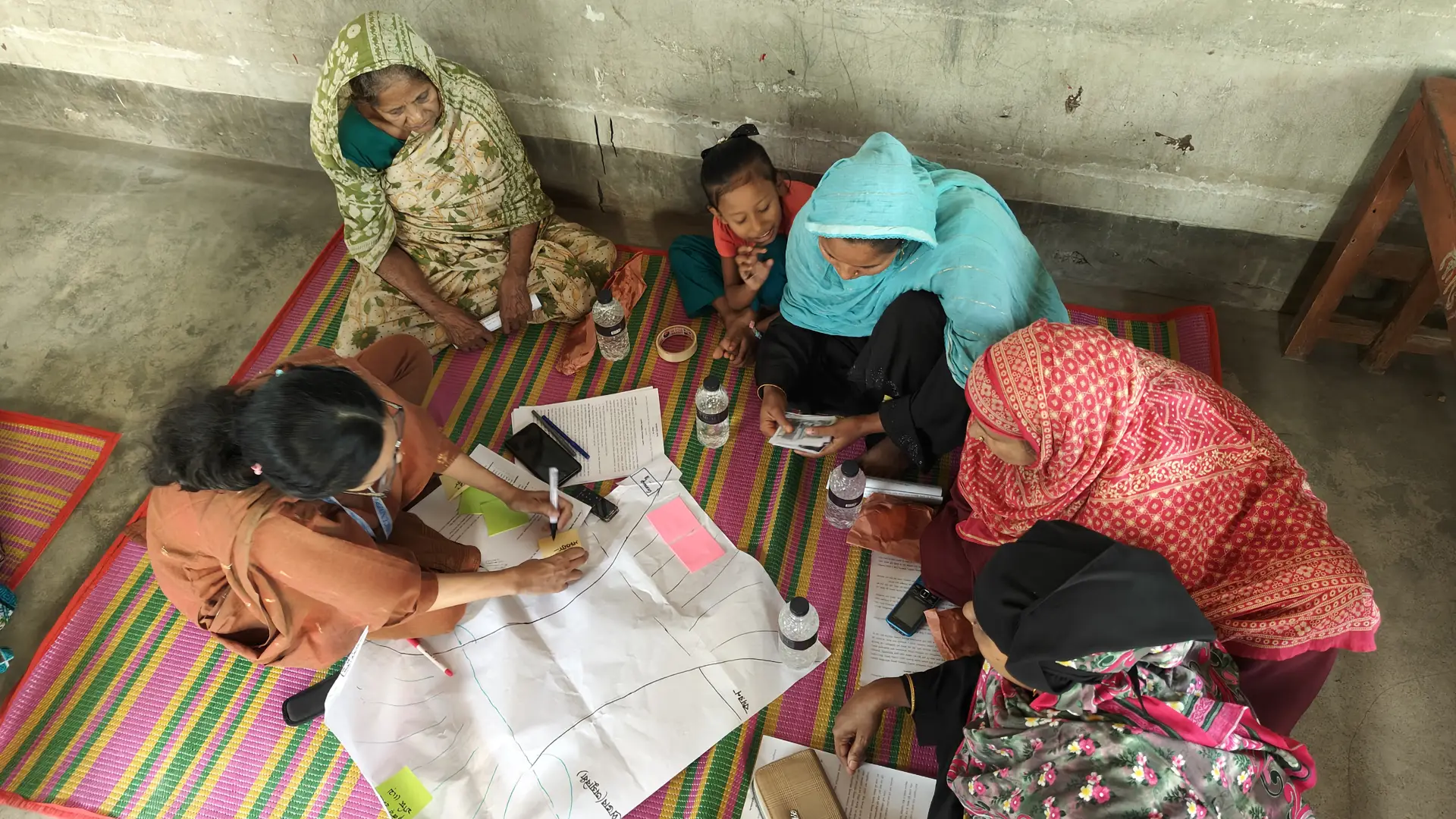 Five Bangladeshi women and a child sit on a rug drawing on flip chart paper